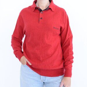Vintage King Deer Red Button Collar Fine Knit 100% Cashmere Preppy Sweater M